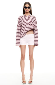 Blush pink and burgundy striped long sleeve jersey featuring a white polo collar and an oversized fit
