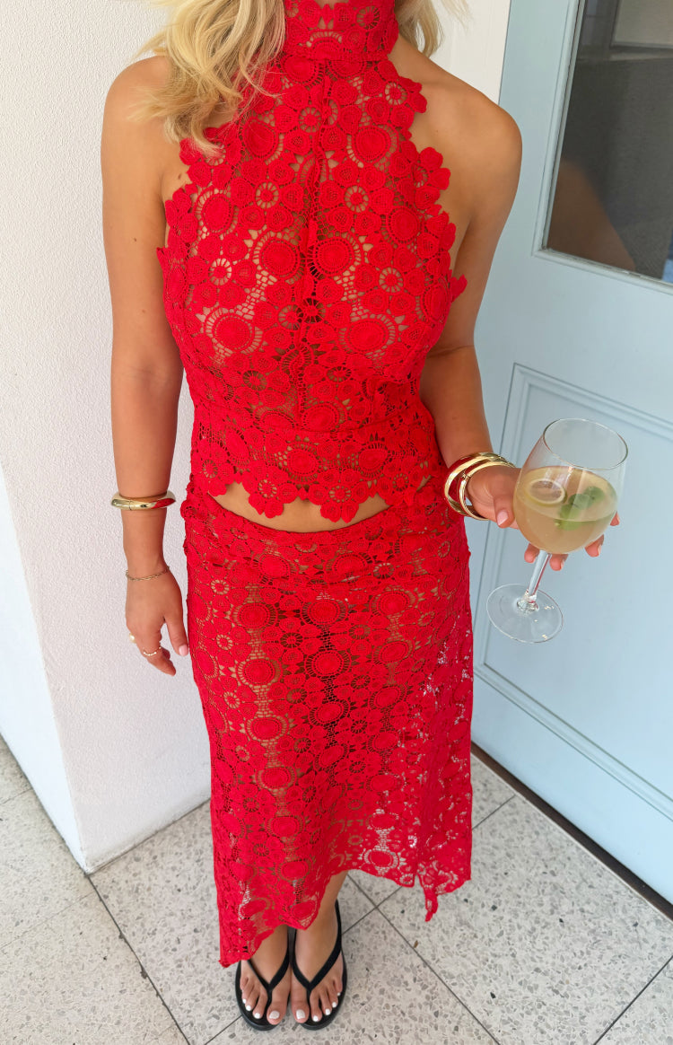 Beginning Boutique Lioness Trophy Rouge Crochet Midi Skirt Rouge intricate floral crochet fitted midi skirt