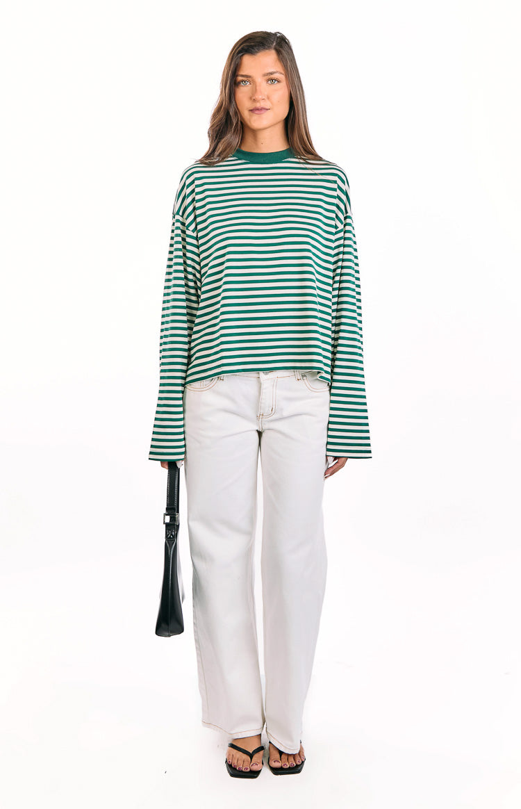 Front view of a moss green and white striped long sleeve top with a crew neck and relaxed fit
