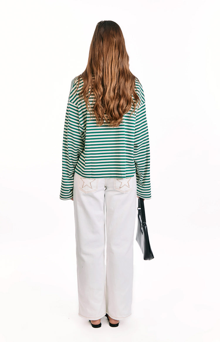 Rear view of the relaxed fit moss green and white horizontal striped long sleeve top with a straight hem