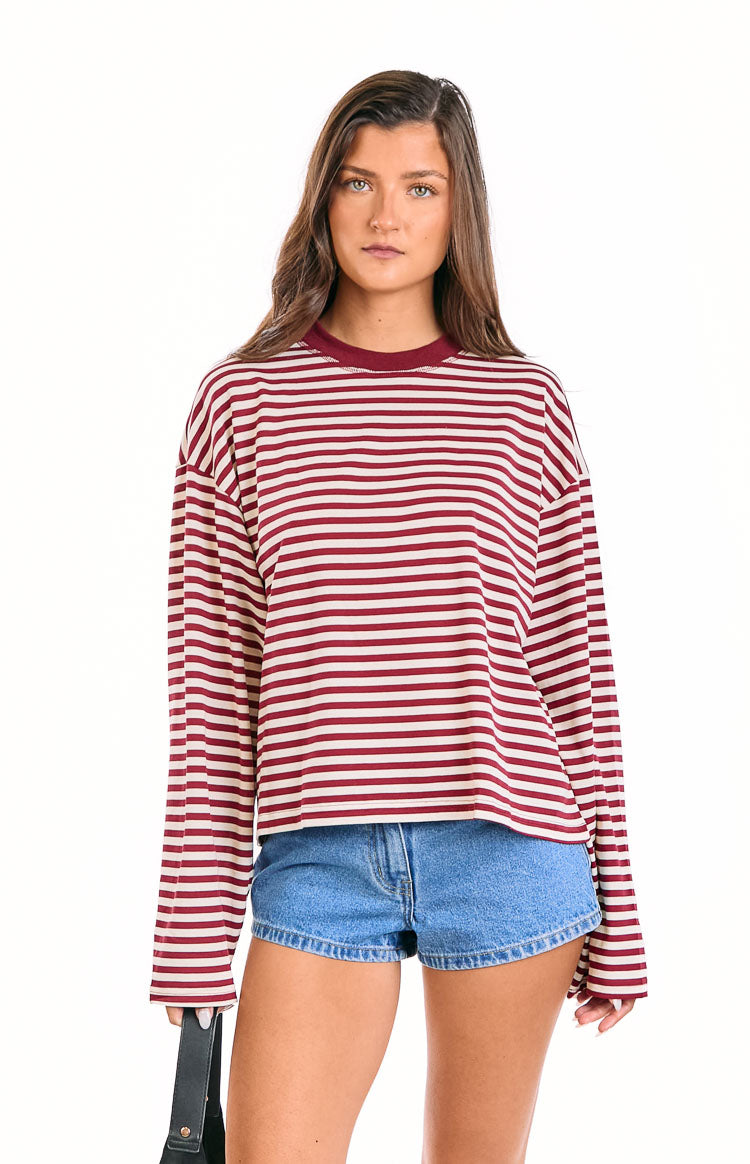 Wine red and white horizontal striped long sleeve top with a contrasting solid wine crew neck