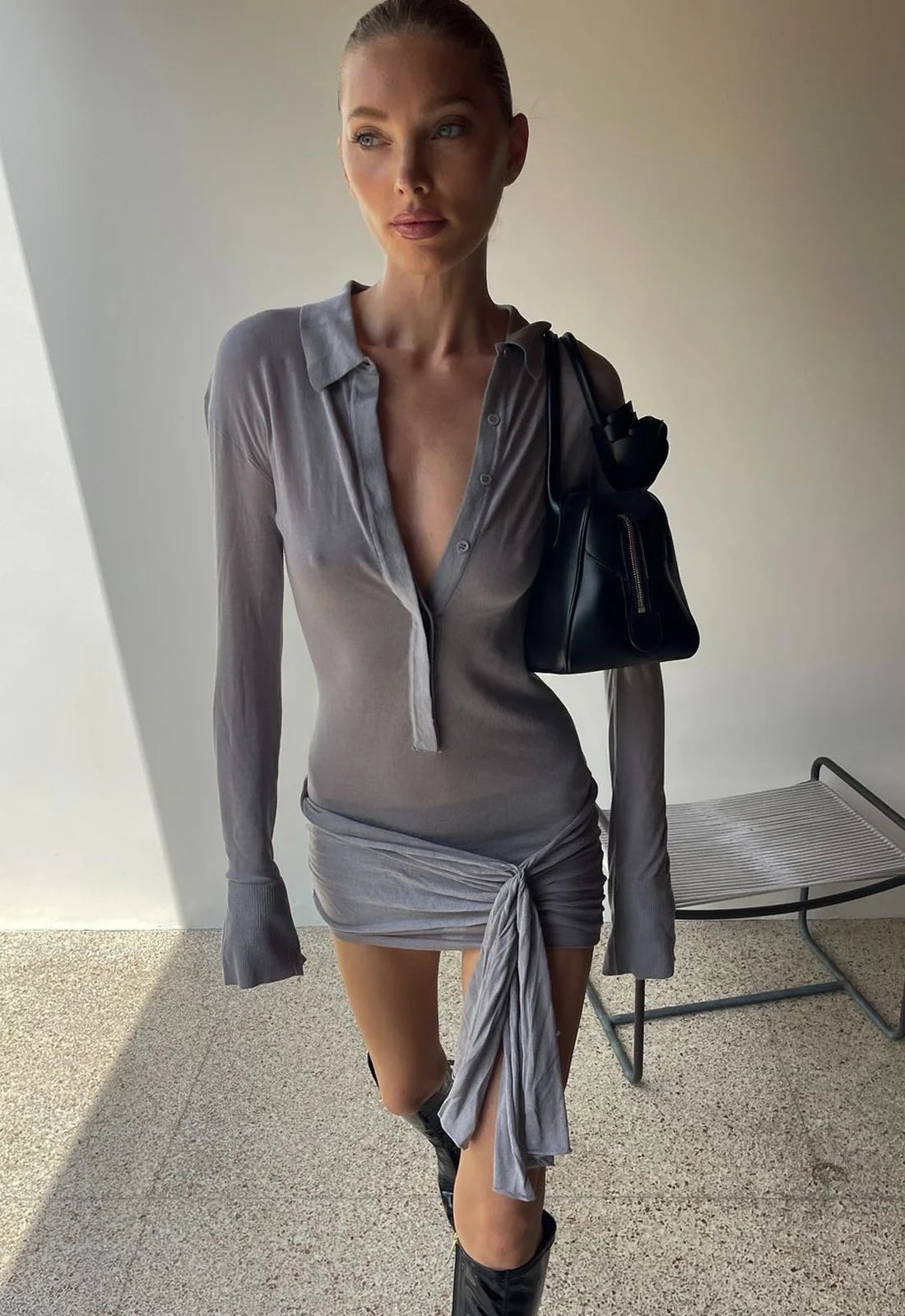 Grey sheer long sleeve mini dress with a collared deep V-neck and a front tie knot detail