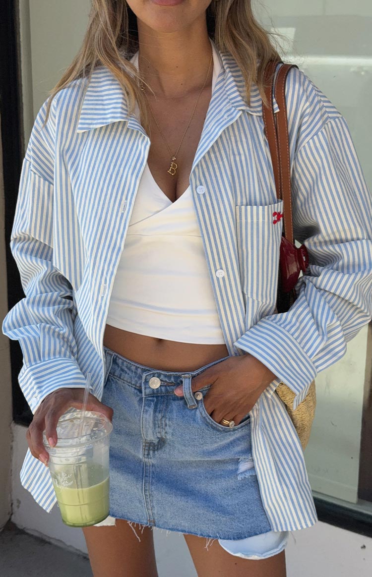 Beginning Boutique Lola Blue Stripe Embroidered Button Up Shirt blue and white striped button up shirt with embroidered chest pocket