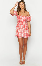 Red gingham off-the-shoulder mini dress with puff sleeves and shirred waist
