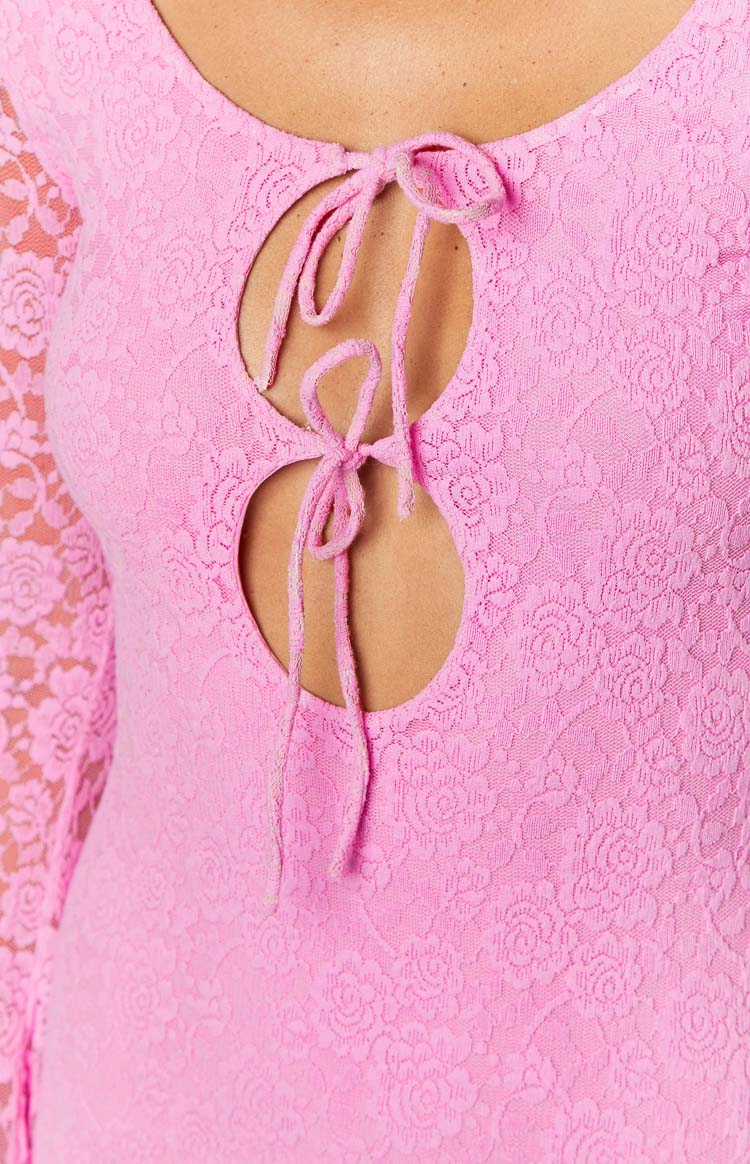 Close-up of the pink floral lace mini dress with a tie-front keyhole cutout