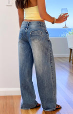 Lovers Lane Mid Wash Denim Heart Pocket Slouchy Jeans Image
