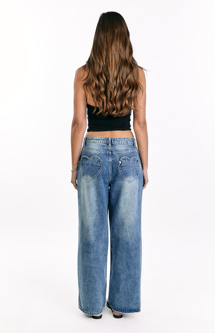 Lovers Lane Mid Wash Denim Heart Pocket Slouchy Jeans Image