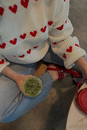 Beginning Boutique Lovey Red Heart Stripe Jumper white knit jumper with red heart stripe pattern and voluminous long sleeves