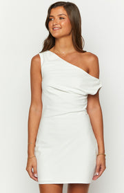 Front view of a white one-shoulder mini dress with a draped neckline detail