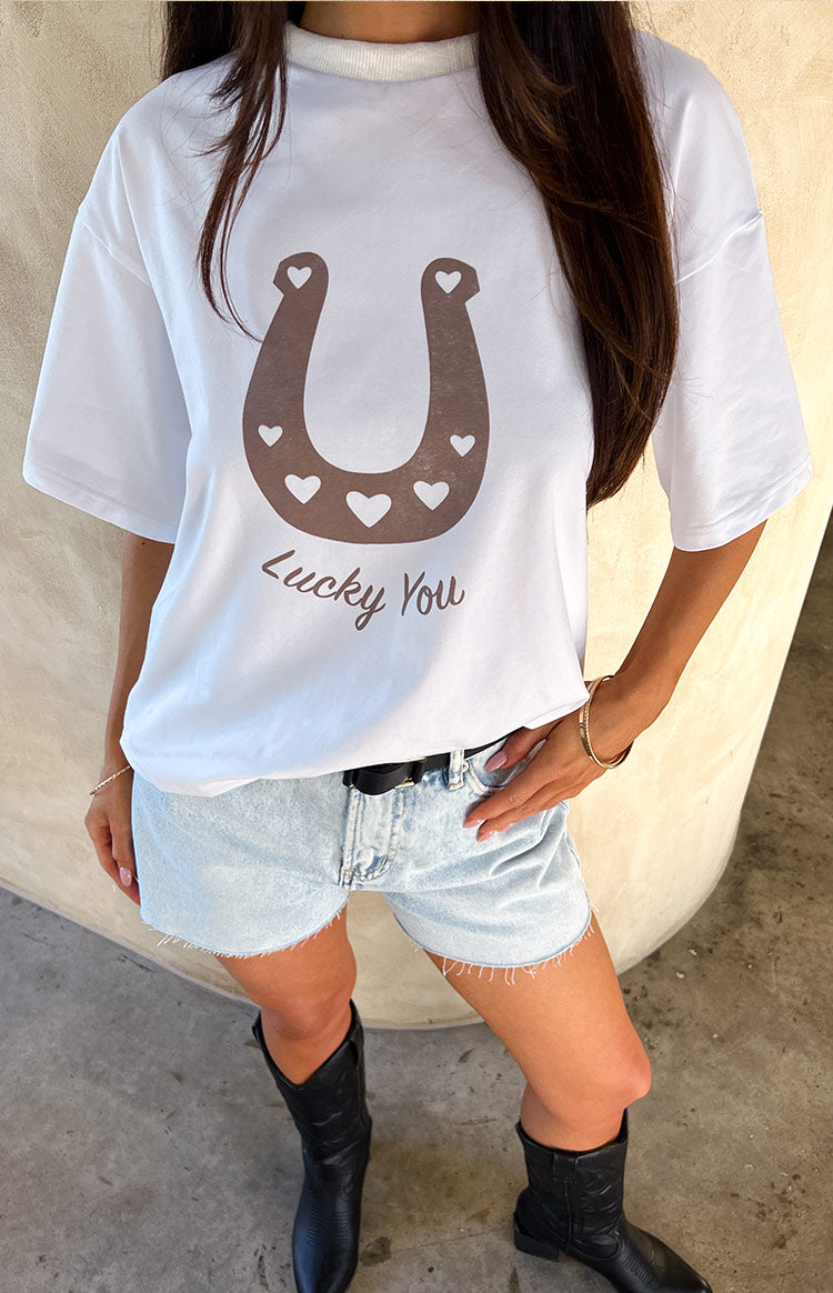 Beginning Boutique Lucky You White Western Tee white oversized t-shirt with a brown horseshoe graphic and 'Lucky You' text