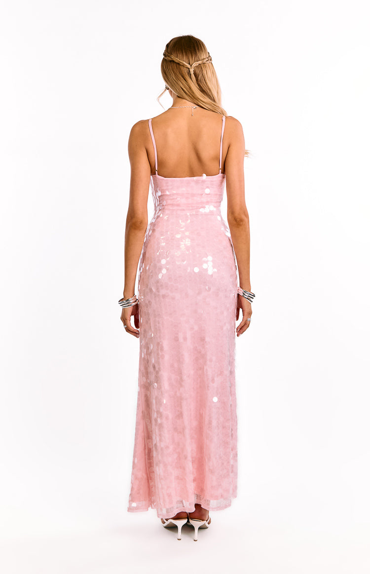 Rear view of a light pink sequin maxi dress, showing the straight back, thin spaghetti straps, and column silhouette