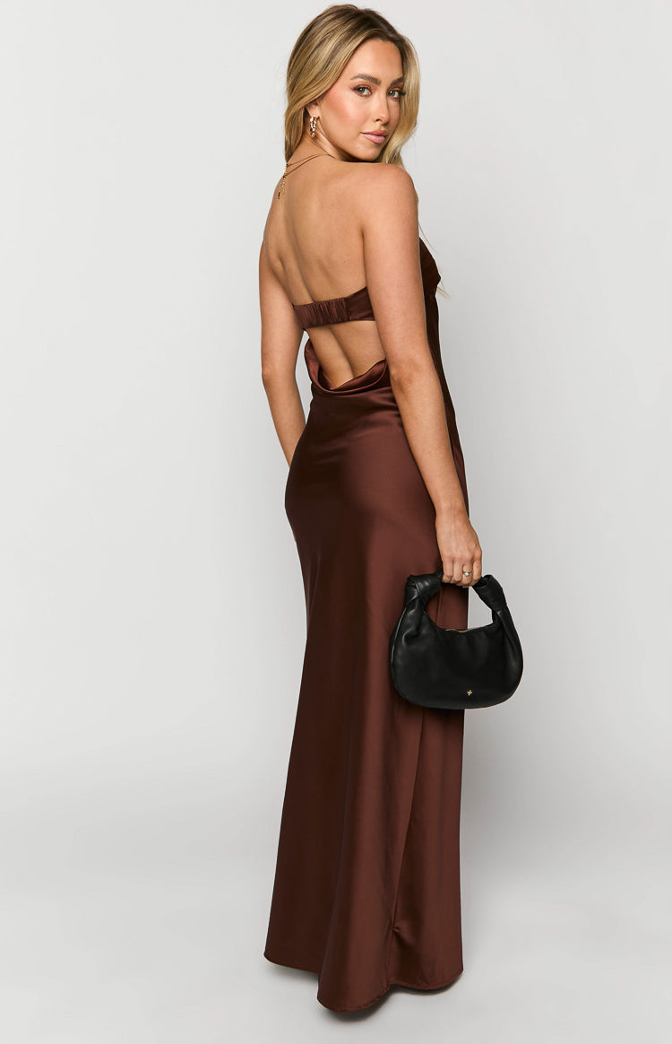Rear view of a brown strapless satin maxi dress with a low cowl back and elasticated band across the upper back
