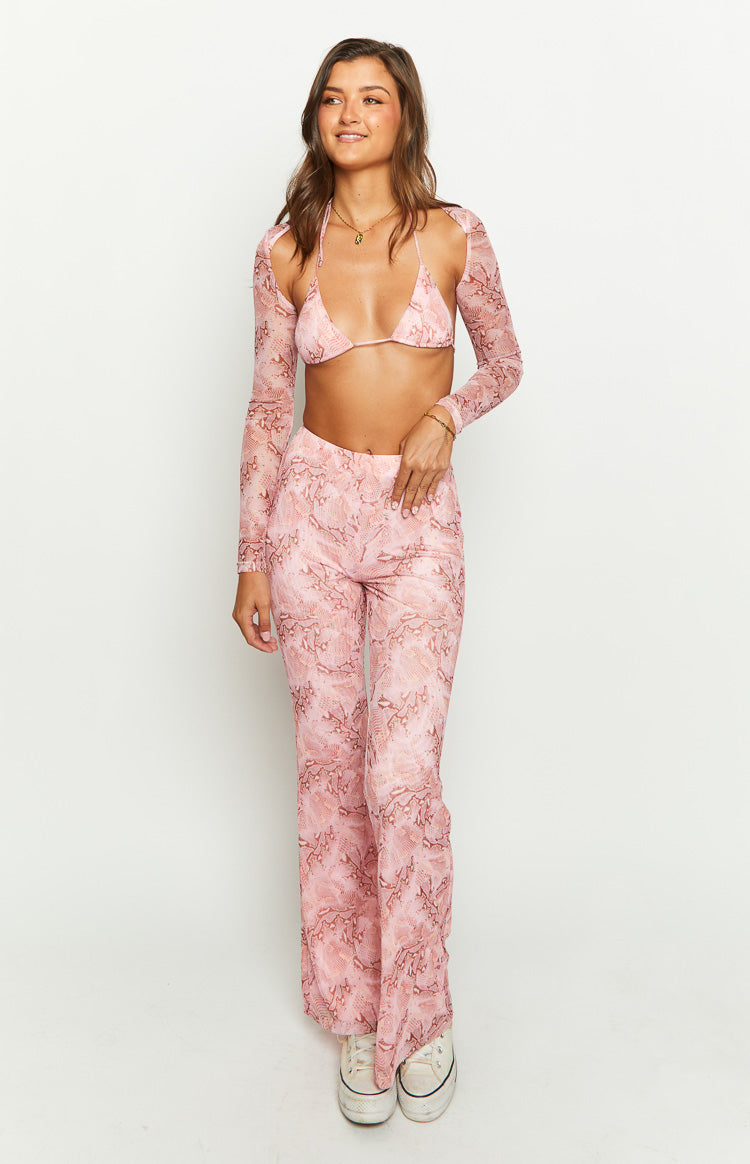 Beginning Boutique Main Act Pink Swirl Snake Print Pants pink swirl snake print sheer mesh high-waisted wide-leg pants