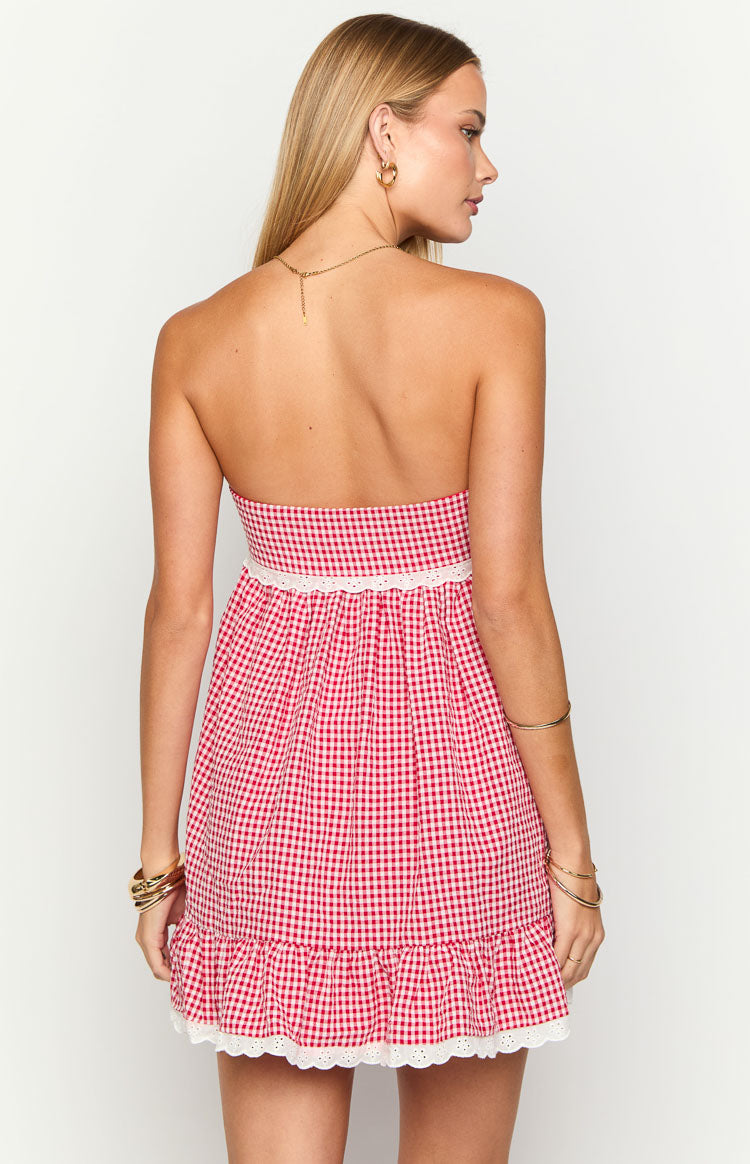 Back view of a red gingham strapless mini dress showing white lace trim at the waist and a ruffled hem with white broderie anglaise
