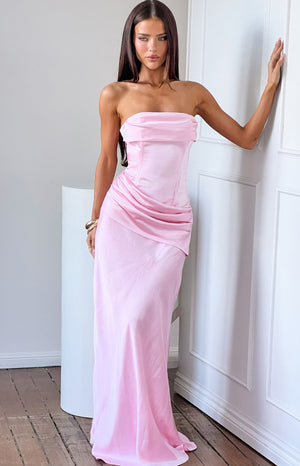 Beginning Boutique Malorie Pink Satin Strapless Maxi Dress pink satin strapless maxi with folded bandeau neckline and ruched