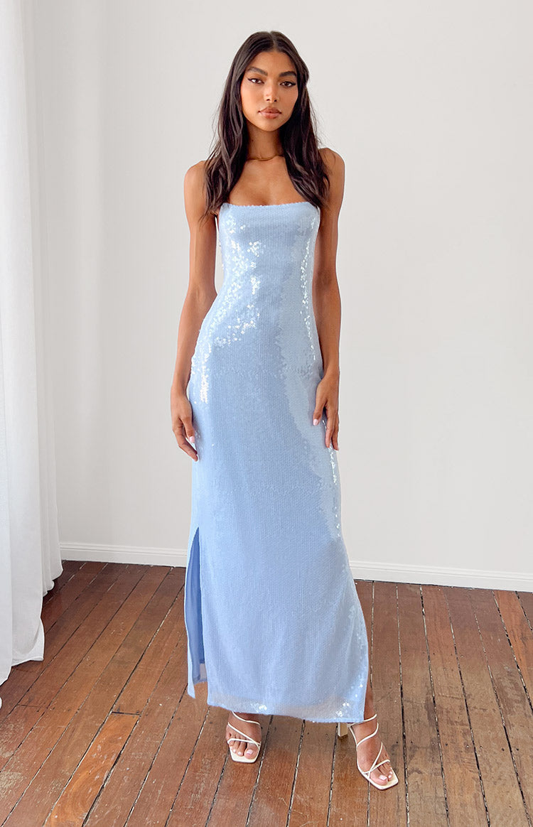 Light blue sequin slip maxi dress featuring a straight neckline, thin spaghetti straps, and a high side slit