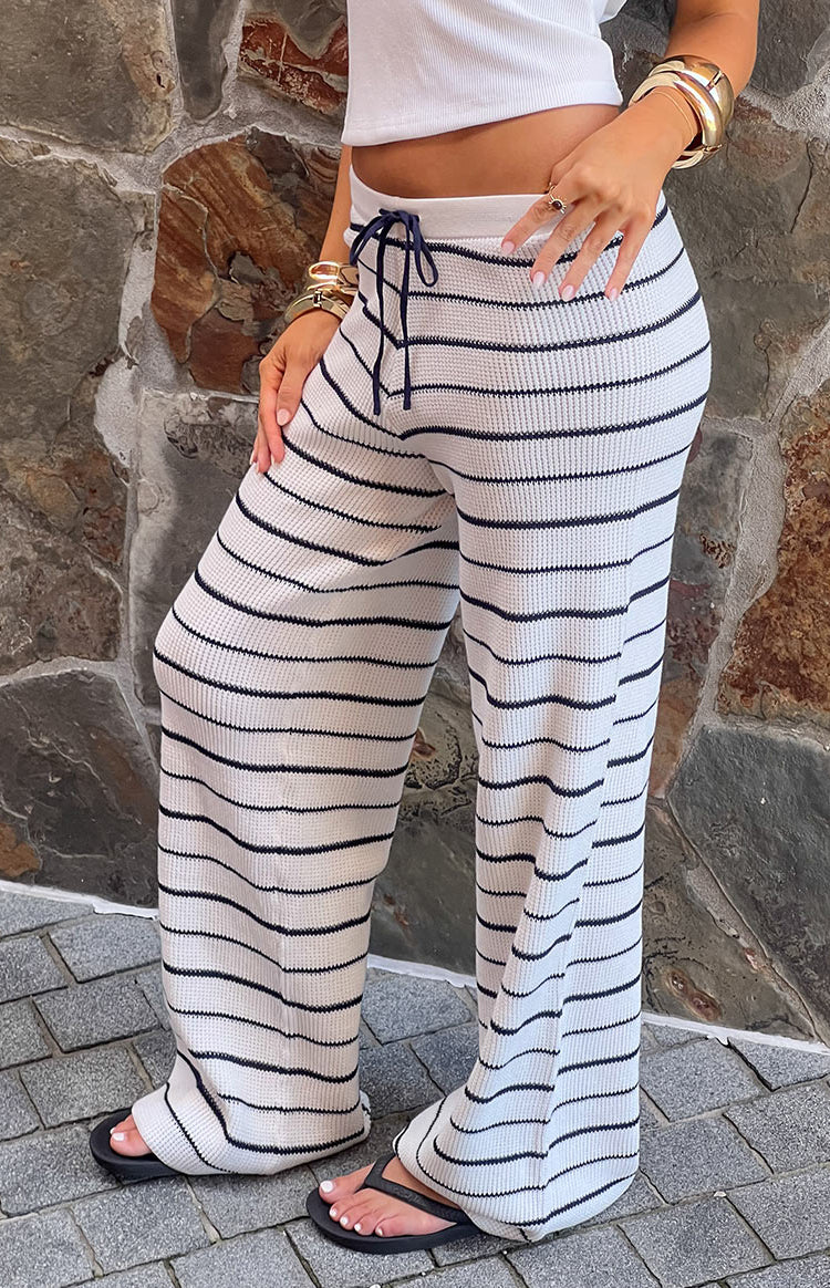 Beginning Boutique Maple White Navy Stripe Knit Pants white and navy horizontal stripe wide-leg knit pants with drawstring wa