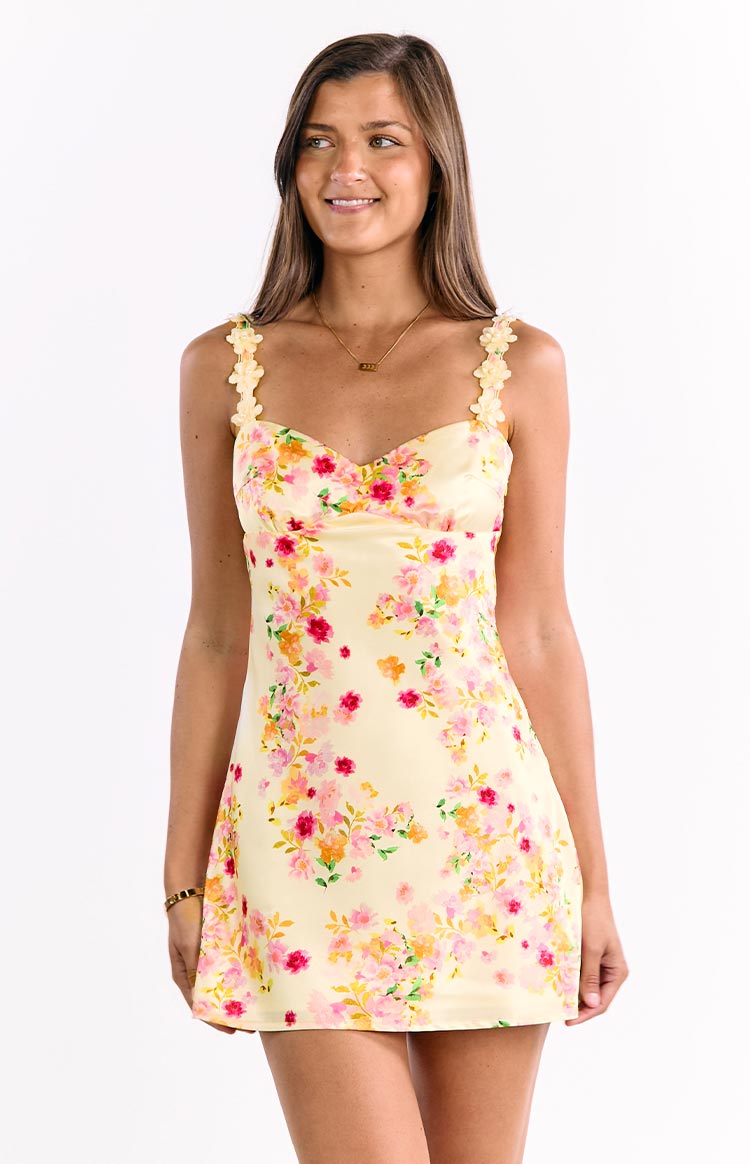 Marbelle Yellow Bloom Satin Mini Dress Image