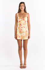 Marbelle Yellow Bloom Satin Mini Dress Image