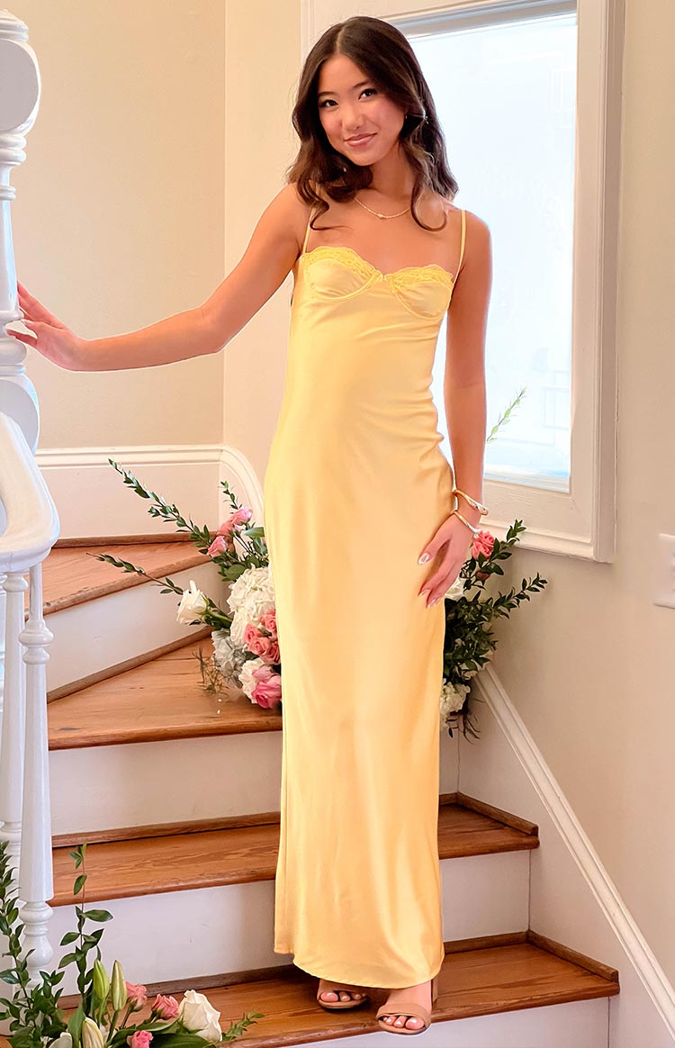 Beginning Boutique Mariana Yellow Lace Bust Midi Dress light yellow satin midi dress with lace trim sweetheart neckline and spaghetti straps