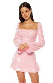 Fitted light pink sequin mini dress with a square neckline and long flared bell sleeves
