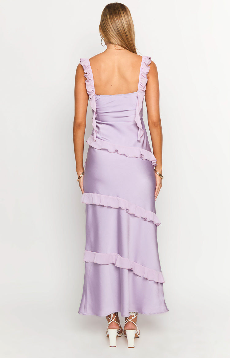Rear view of a purple satin maxi dress with a square back, ruffled shoulder straps, and tiered ruffles on the skirt
