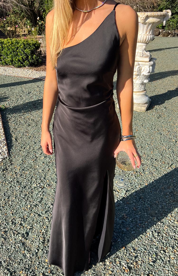 Beginning Boutique Marriot Black One Shoulder Formal Maxi Dress black satin one-shoulder maxi dress with a thin strap and side slit
