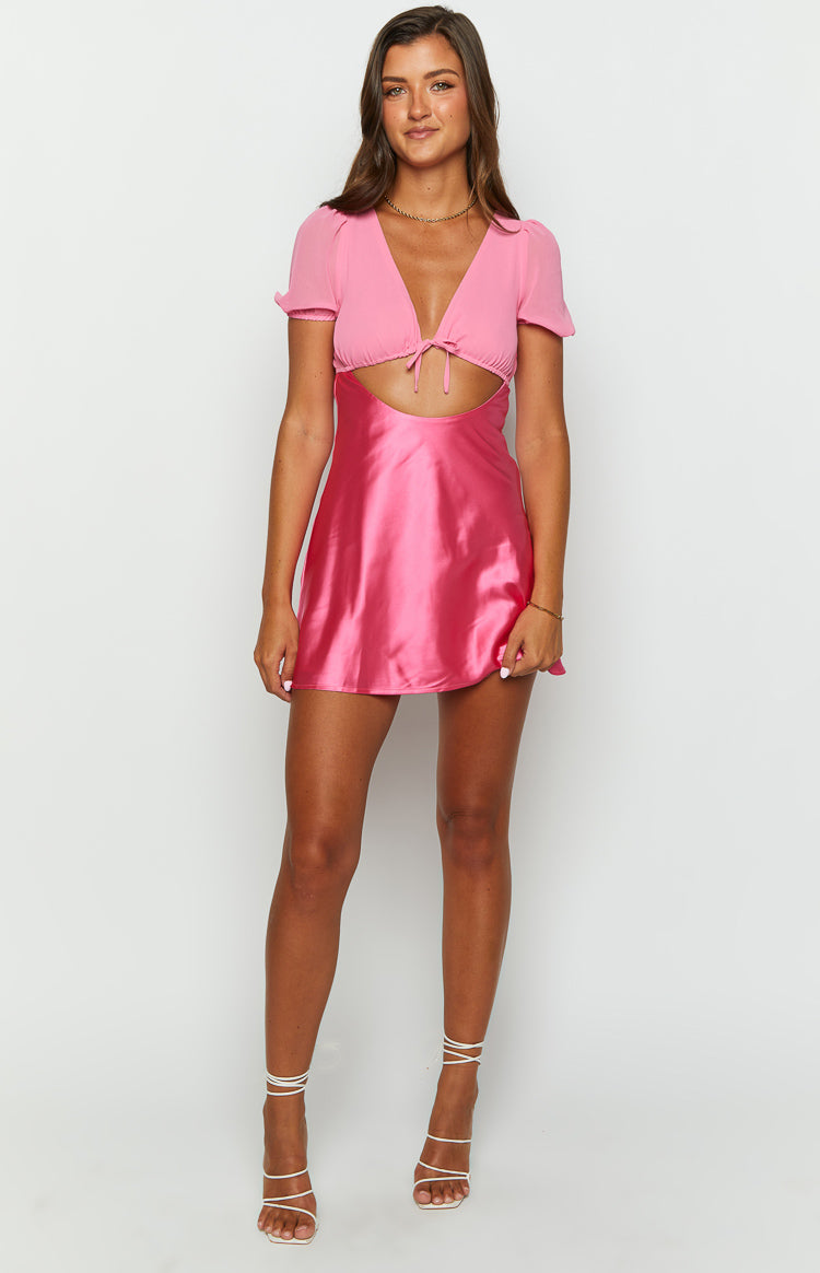 Two-tone pink mini dress with a light pink V-neck tie-front top, cap sleeves, and a dark pink satin A-line skirt
