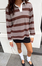 Beginning Boutique Mirabelle Brown Stripe Polo brown and white striped long sleeve polo with a white collar and button placket