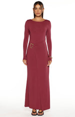Misaki Burgundy Long Sleeve Wrap Maxi Dress Image