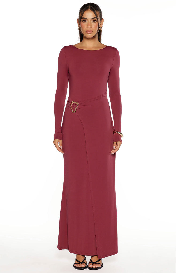 Misaki Burgundy Long Sleeve Wrap Maxi Dress Image