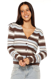 Front view of a brown, light blue, and cream striped knit cardigan with a V-neck and button front