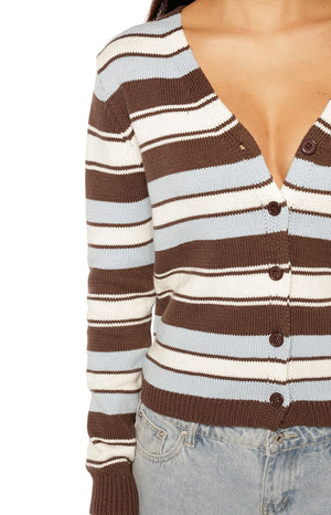 Close-up of the ribbed knit brown, blue, and white striped cardigan with button-down V-neck