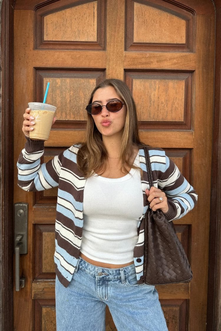 Brown, blue, and white striped button-down cardigan with a relaxed fit and ribbed cuffs
