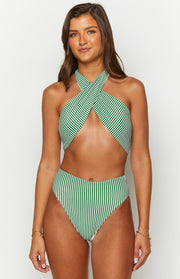 Beginning Boutique 9.0 Swim Miss America Green Striped Halter Bikini Top green and white striped cross-front halter bikini top with a cutout