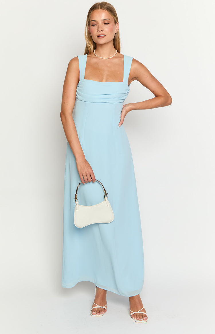 Front view of a misty light blue maxi dress with a square neckline and gathered bust detail