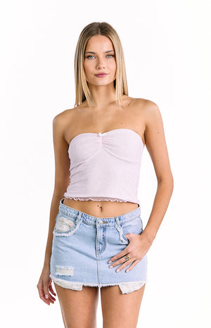 Beginning Boutique Muse Pink and White Polka Dot Strapless Top light pink sheer mesh strapless top with ruched bust, bow, and lettuce hem