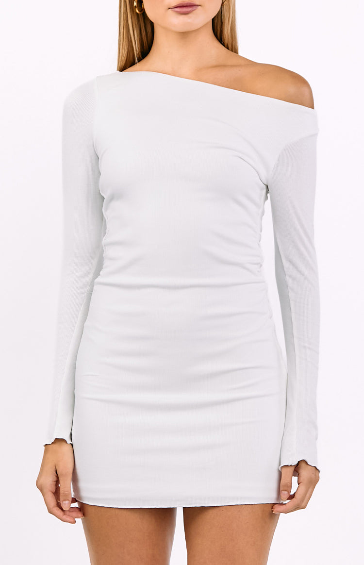White ribbed knit mini dress featuring an asymmetric off-shoulder neckline and ruched side detail