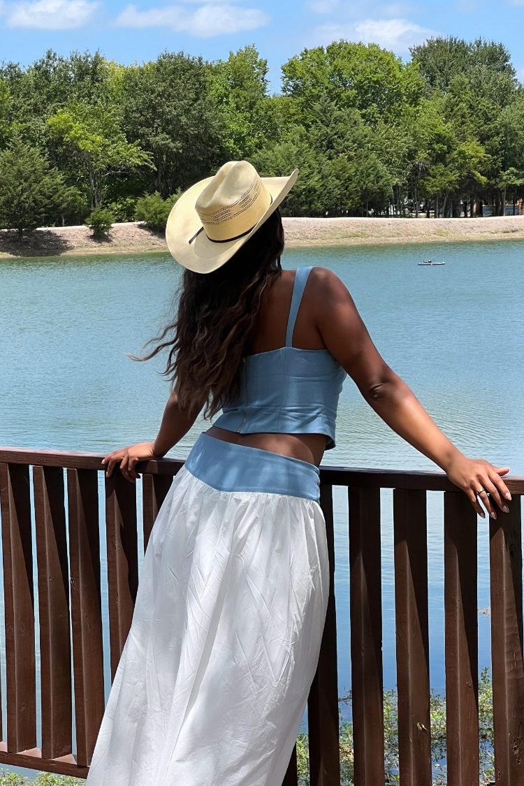 Beginning Boutique Mystic White Maxi Skirt white flowy maxi skirt with a wide blue contrast waistband