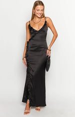 Nahanee Black Satin Ruffle Maxi Dress Image