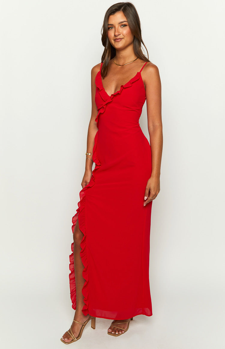 Red V-neck maxi dress with spaghetti straps and a long ruffle detail along the side slit