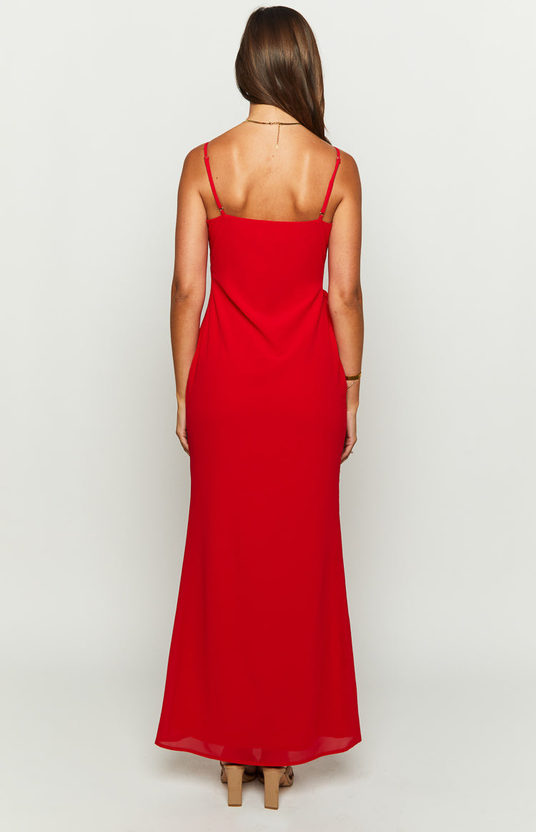 Rear view of a red maxi dress with a straight back neckline and thin adjustable spaghetti straps