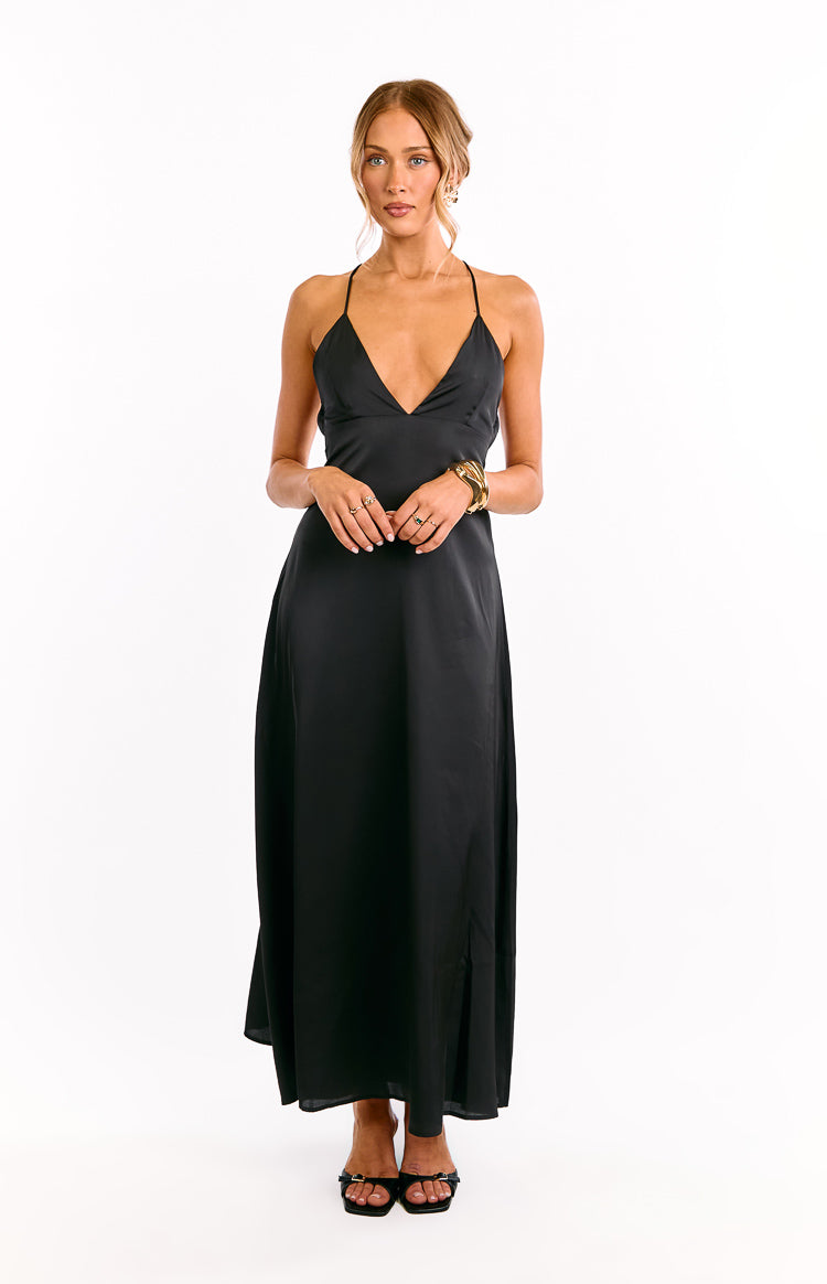 Beginning Boutique Nakita Black Maxi Dress black satin deep V-neck maxi dress with thin spaghetti straps and side slit