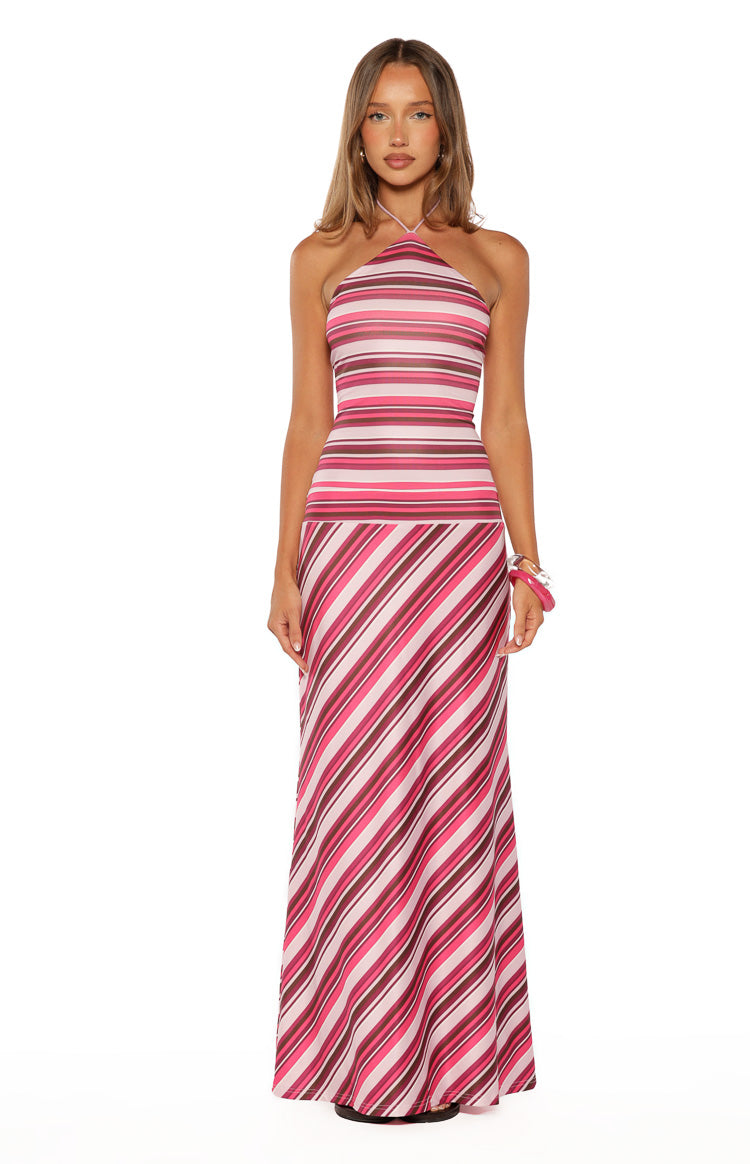 Nicoby Pink Multi Stripe Halter Maxi Dress Image