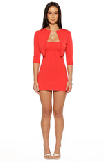 Red knit two-piece set with a square neck mini dress and cropped three-quarter sleeve button-front cardigan