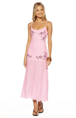 Light pink scoop neck midi dress with dark floral embroidery on bust and hips, sheer flowy skirt