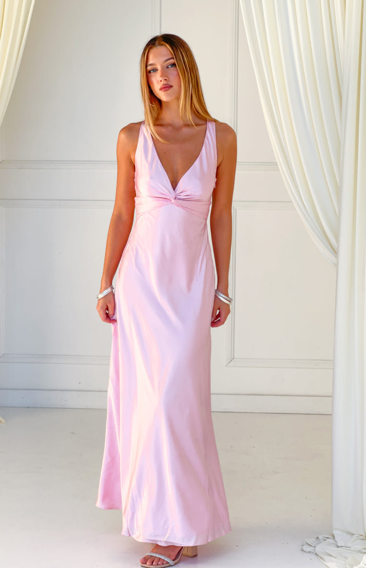 Light pink satin maxi dress with a deep V-neckline and twisted knot detail at the bust