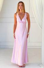 Light pink satin V-neck maxi dress with a twisted knot detail at the bust and a flowy floor-length skirt