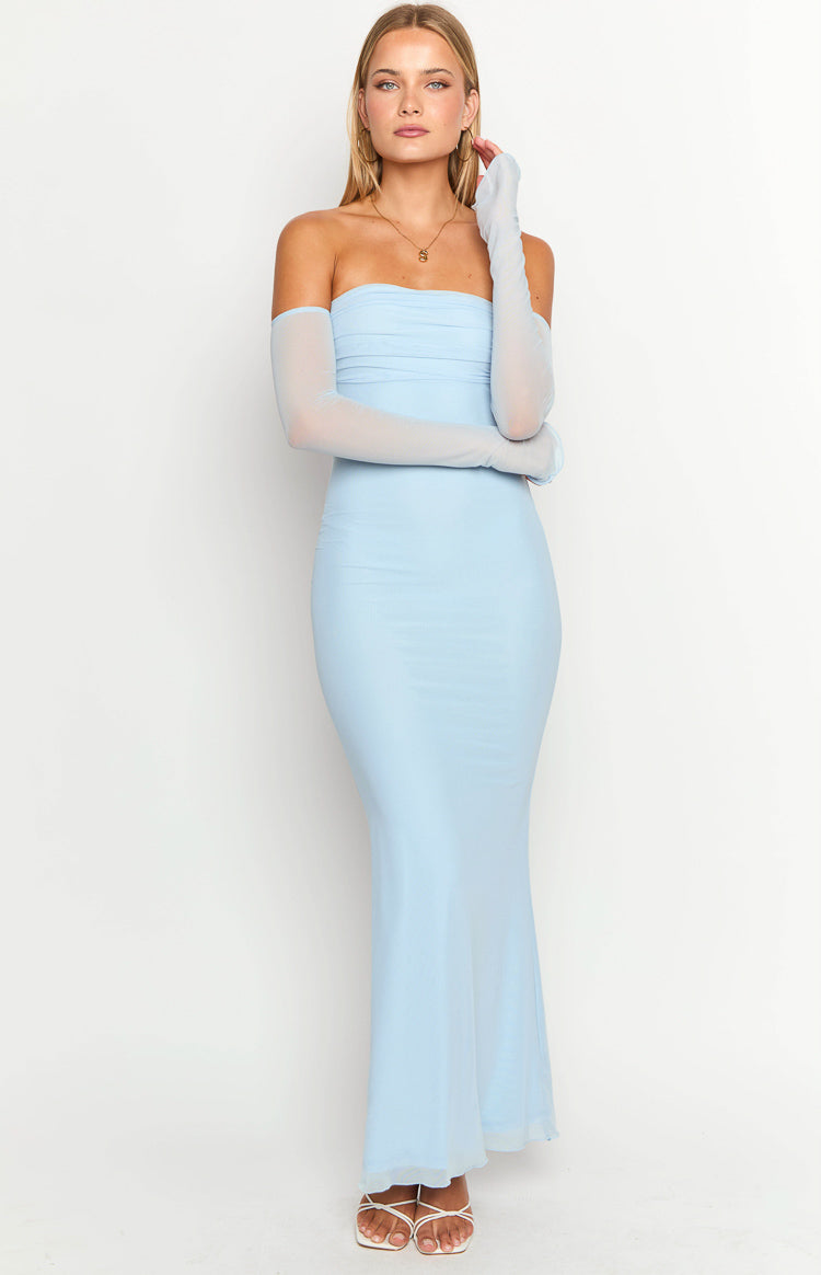 Light blue strapless maxi dress with a ruched bodice and sheer long gloves