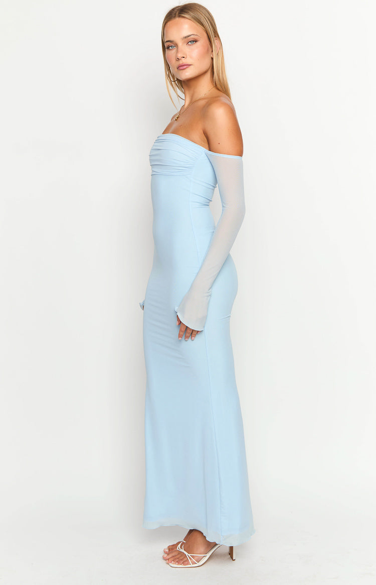 Side view of a light blue off-shoulder maxi dress with ruched bust and sheer long sleeves